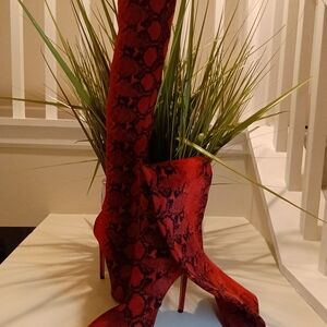 Fashion Nova Red Snake Print Over the Knee Boots